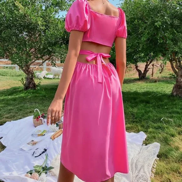 Pink Puff Sleeve Cut Out Waist Dress - Picture 6 of 6